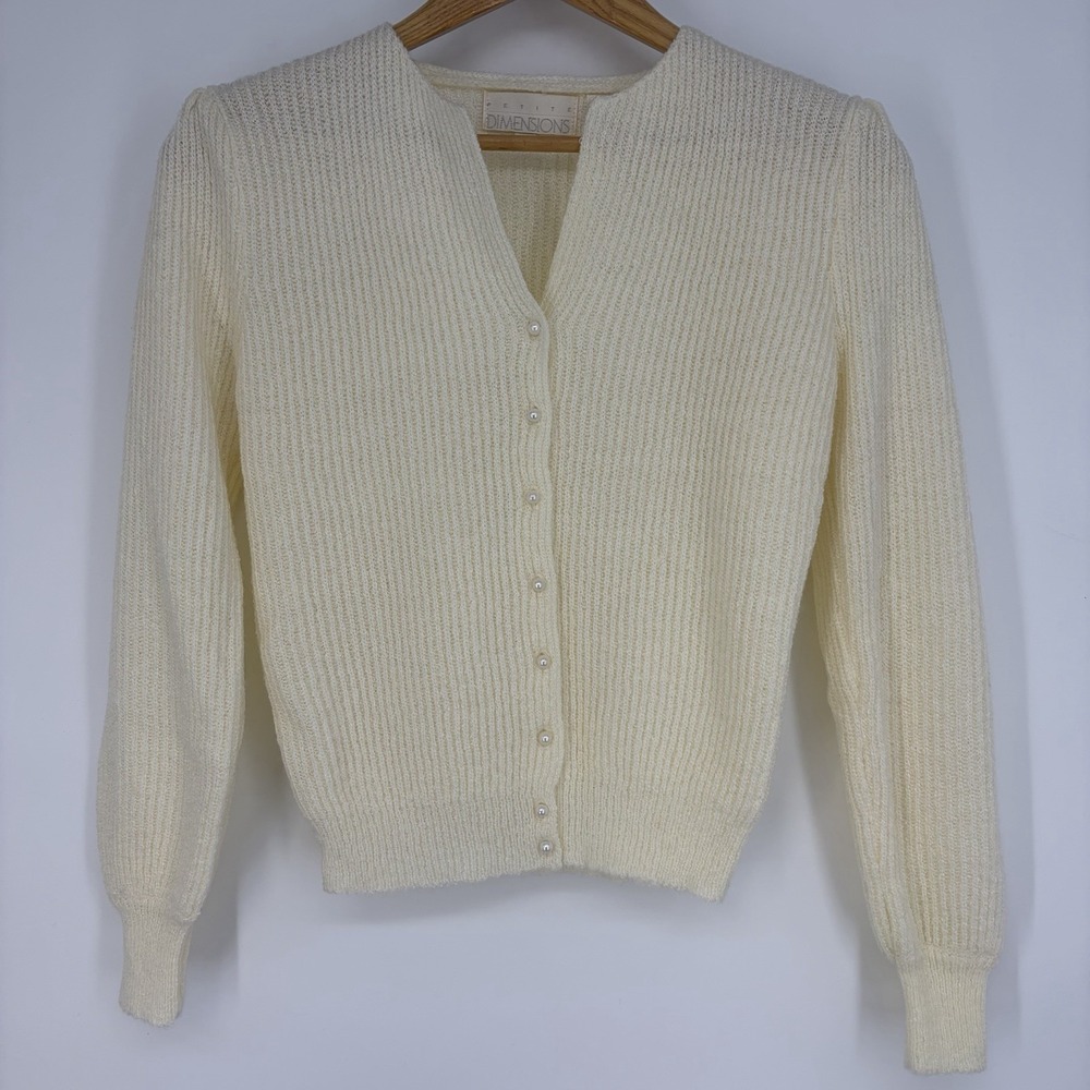 Vtg Dimensions Sweater Cardigan Petite PP Pearl Button Ivory Knit Angel Ethereal
